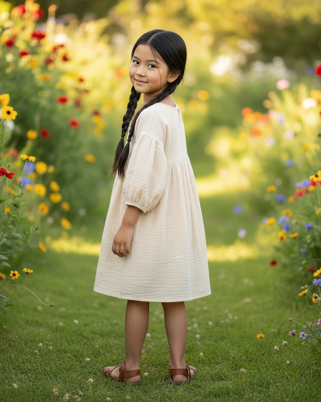 Musselin Kleid Mädchen Creme - Laternenarm 1T-6T - Ansicht 2