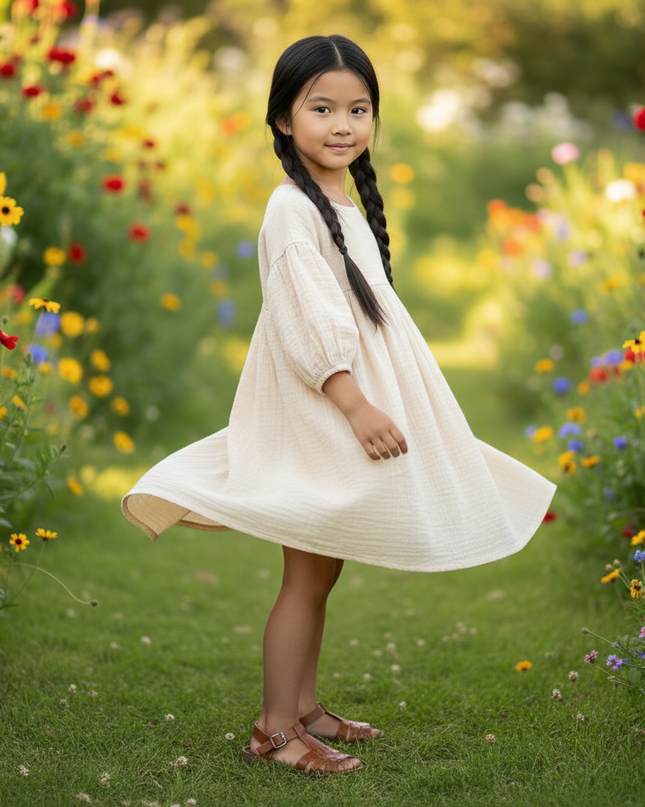 Musselin Kleid Mädchen Creme - Laternenarm 1T-6T - Ansicht 3