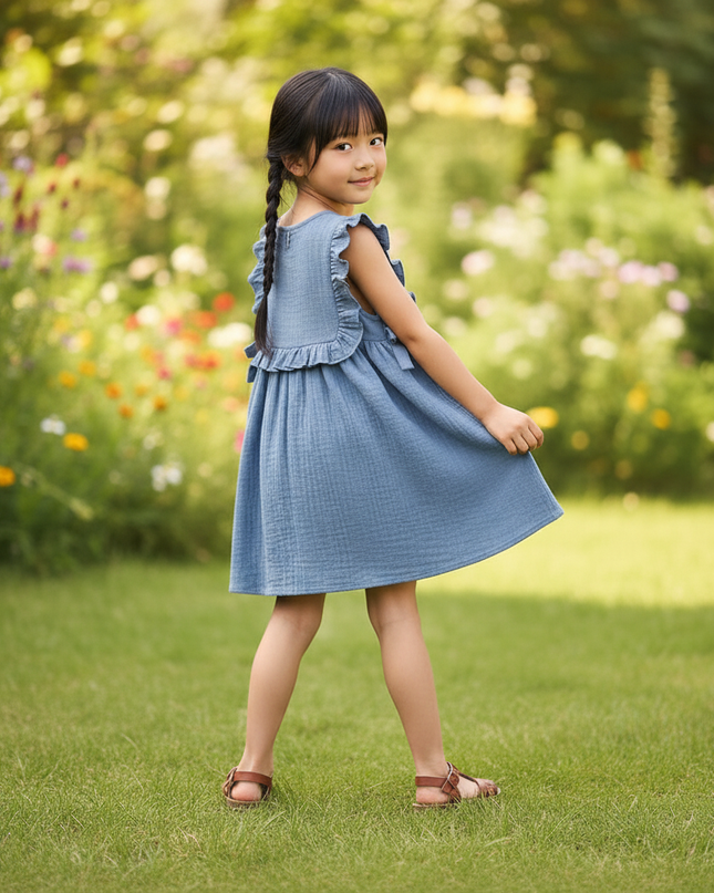 Musselin Kleid Mädchen Gestreift - Blau Träger - Ansicht 2