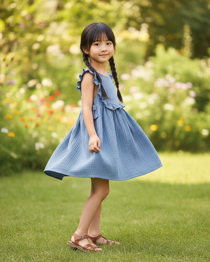 Musselin Kleid Mädchen Gestreift - Blau Träger - Ansicht 3
