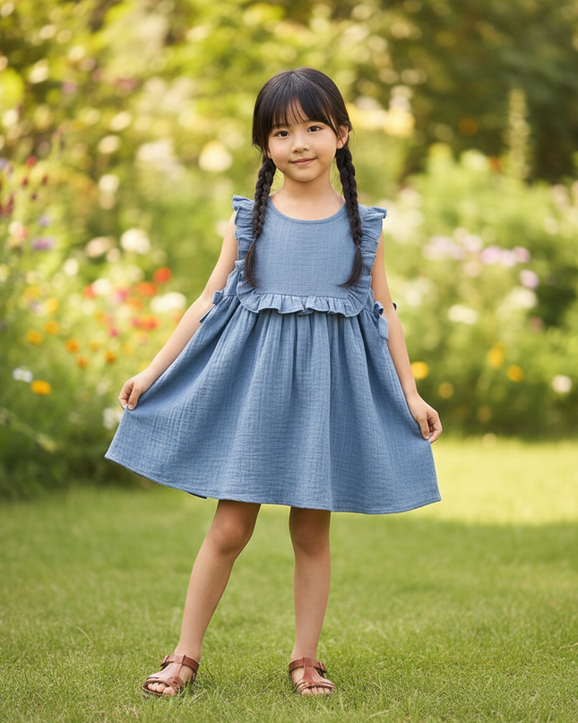 Musselin Kleid Mädchen Gestreift - Blau Träger - Ansicht 4