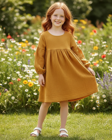 Musselin Kleid Maedchen Gold - Laternenarm 1T-6T - Ansicht 1