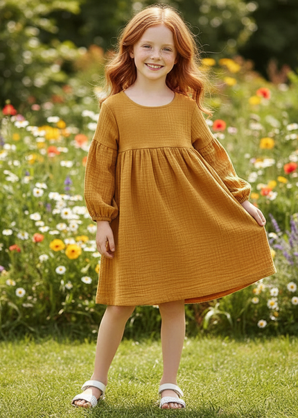 Musselin Kleid Maedchen Gold - Laternenarm 1T-6T - Ansicht 1