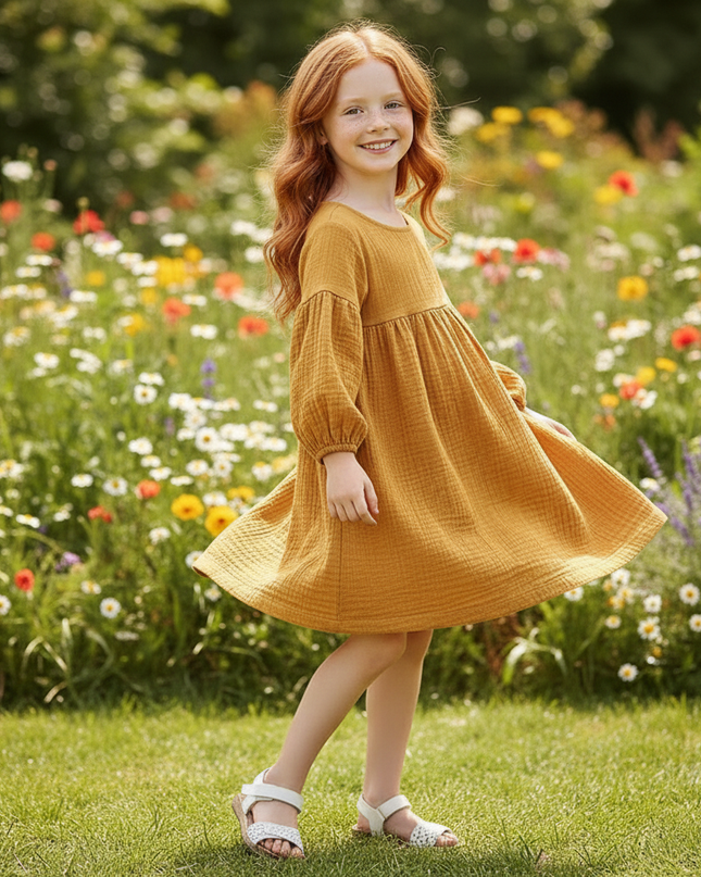 Musselin Kleid Maedchen Gold - Laternenarm 1T-6T - Ansicht 3