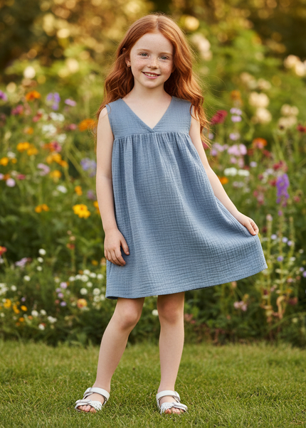 Musselin Kleid Mädchen Hellblau - Strandkleid 90-130 - Ansicht 1