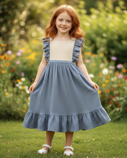 Musselin Kleid Maedchen Hochzeit - Blau Patchwork - Ansicht 1