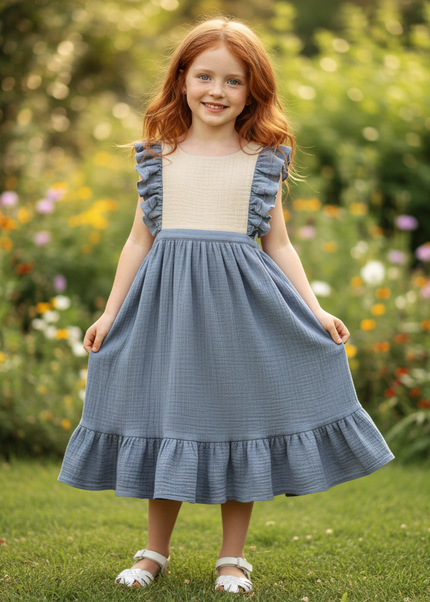 Musselin Kleid Maedchen Hochzeit - Blau Patchwork - Ansicht 1