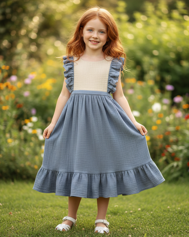 Musselin Kleid Maedchen Hochzeit - Blau Patchwork - Ansicht 1