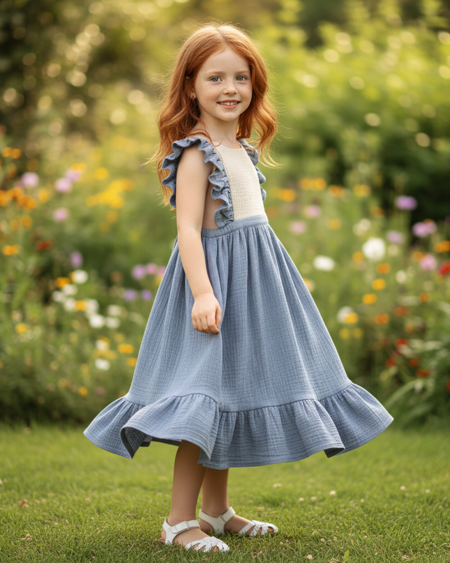 Musselin Kleid Maedchen Hochzeit - Blau Patchwork - Ansicht 3