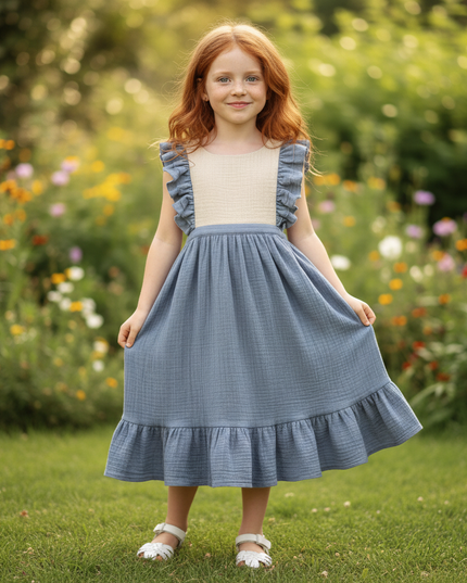 Musselin Kleid Maedchen Hochzeit - Blau Patchwork - Ansicht 4