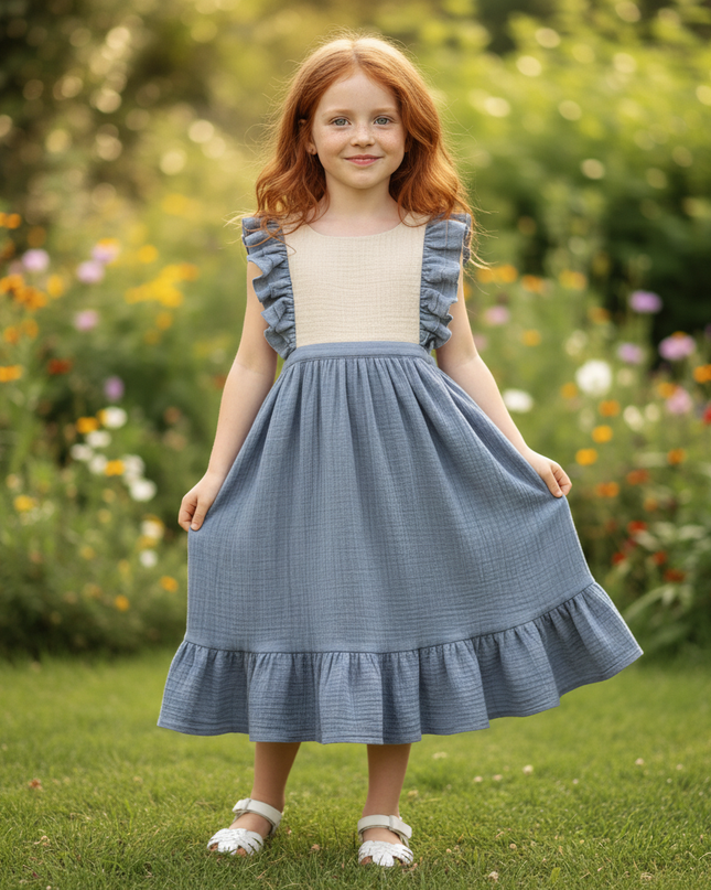 Musselin Kleid Maedchen Hochzeit - Blau Patchwork - Ansicht 4