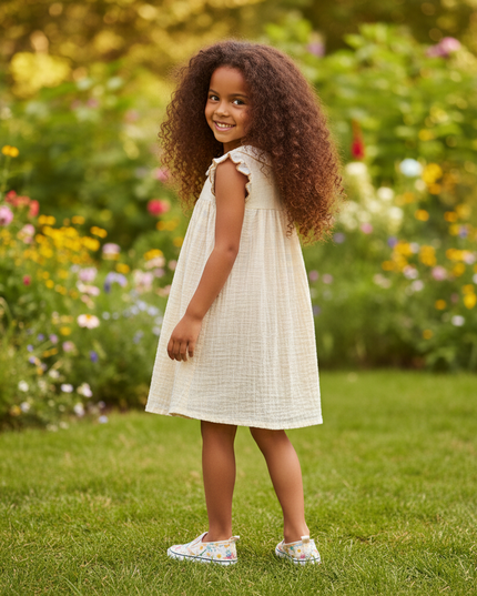 Musselin Kleid Mädchen Italien - Spitzenkragen Beige - Ansicht 2