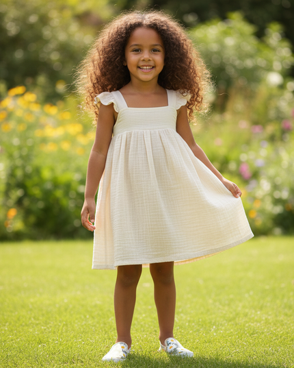 Musselin Kleid Mädchen Ivory - Blumenprint Halter - Ansicht 1