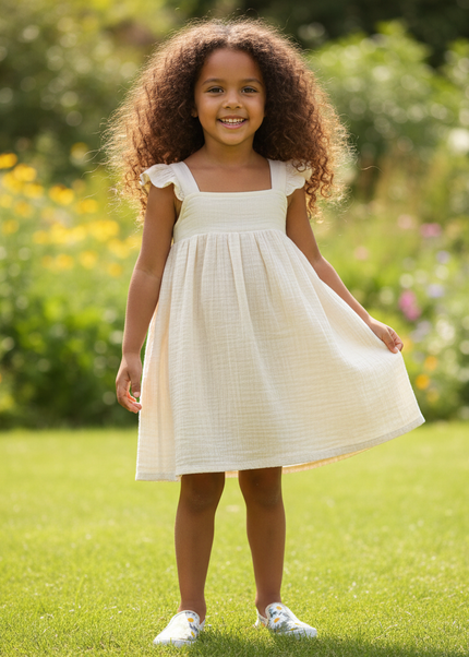 Musselin Kleid Mädchen Ivory - Blumenprint Halter - Ansicht 1