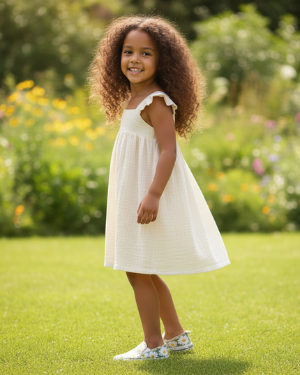 Musselin Kleid Mädchen Ivory - Blumenprint Halter - Ansicht 3