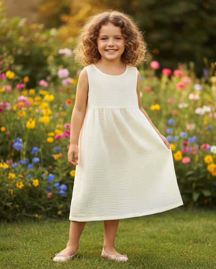 Musselin Kleid Maedchen Kurzarm - Creme Baumwolle - Ansicht 1