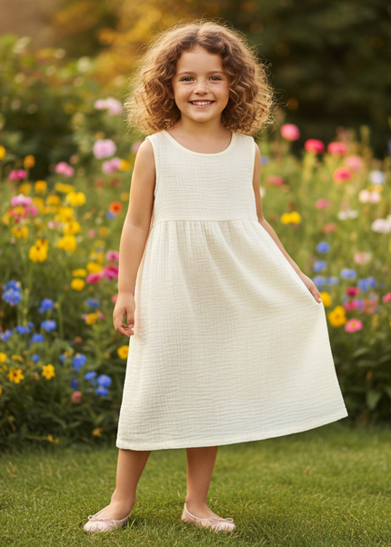 Musselin Kleid Maedchen Kurzarm - Creme Baumwolle - Ansicht 1