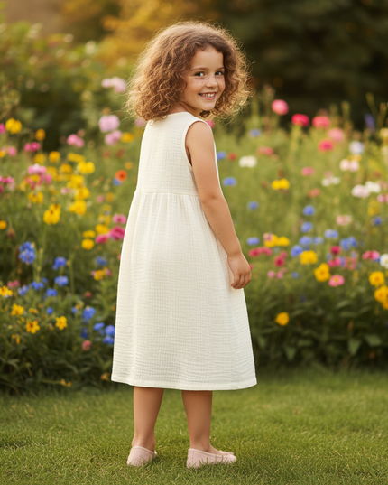Musselin Kleid Maedchen Kurzarm - Creme Baumwolle - Ansicht 2