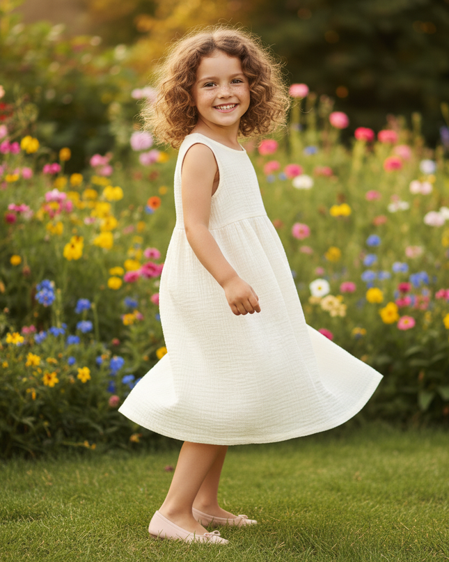 Musselin Kleid Maedchen Kurzarm - Creme Baumwolle - Ansicht 3