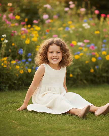 Musselin Kleid Maedchen Kurzarm - Creme Baumwolle - Ansicht 5