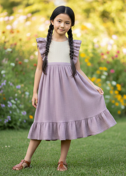 Musselin Kleid Maedchen Lang - Lila Patchwork - Ansicht 1
