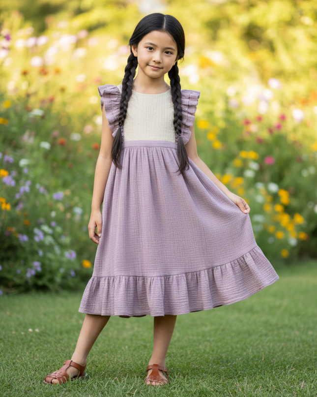 Musselin Kleid Maedchen Lang - Lila Patchwork - Ansicht 1