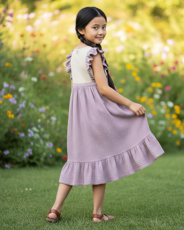 Musselin Kleid Maedchen Lang - Lila Patchwork - Ansicht 2
