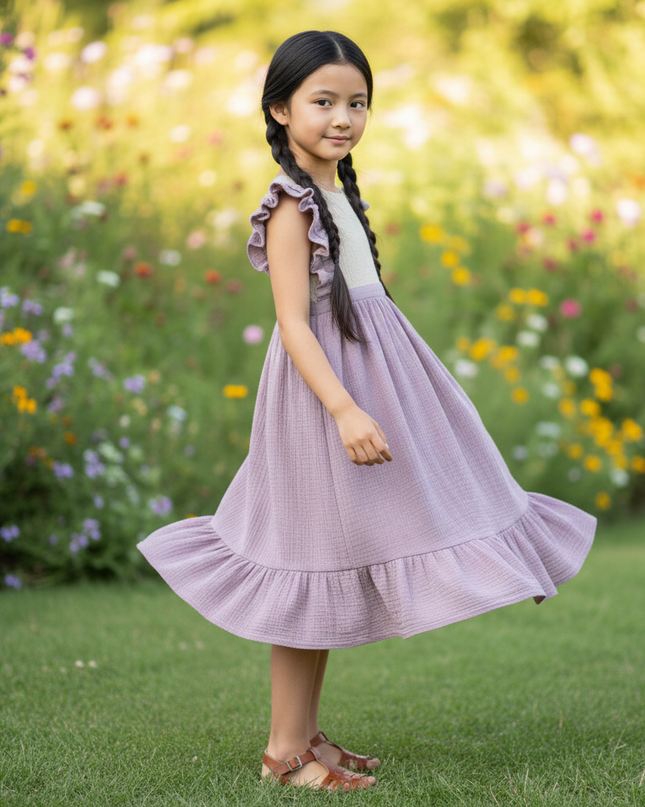 Musselin Kleid Maedchen Lang - Lila Patchwork - Ansicht 3