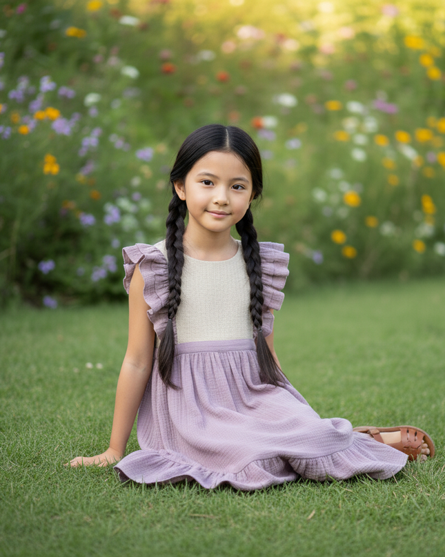 Musselin Kleid Maedchen Lang - Lila Patchwork - Ansicht 5