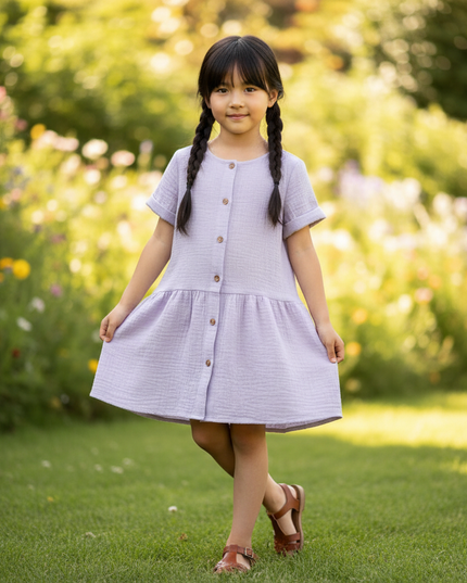 Musselin Kleid Maedchen Lavendel - Knopfkleid 90-130 - Ansicht 1