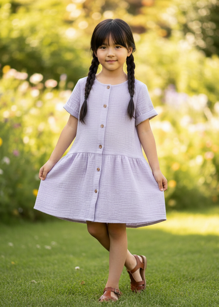 Musselin Kleid Maedchen Lavendel - Knopfkleid 90-130 - Ansicht 1