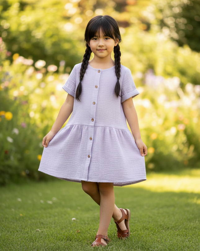 Musselin Kleid Maedchen Lavendel - Knopfkleid 90-130 - Ansicht 1