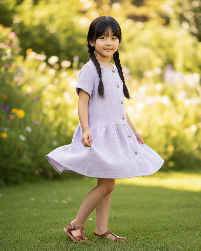 Musselin Kleid Maedchen Lavendel - Knopfkleid 90-130 - Ansicht 3