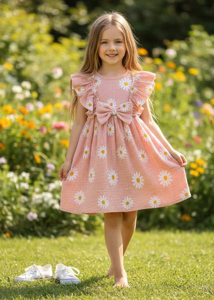 Musselin Kleid Maedchen Pink - Gaensebluemchen Print - Ansicht 1