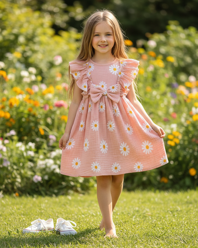 Musselin Kleid Maedchen Pink - Gaensebluemchen Print - Ansicht 1