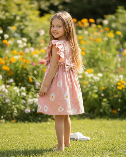 Musselin Kleid Maedchen Pink - Gaensebluemchen Print - Ansicht 2