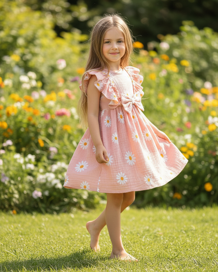 Musselin Kleid Maedchen Pink - Gaensebluemchen Print - Ansicht 3