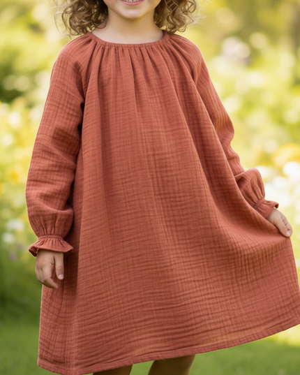 Musselin Kleid Maedchen Rot - Karomuster Langarm - Ansicht 4
