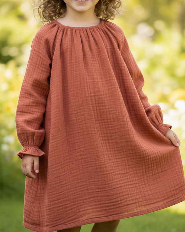 Musselin Kleid Maedchen Rot - Karomuster Langarm - Ansicht 4