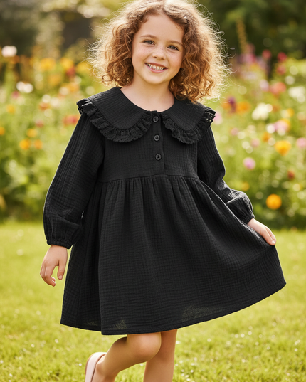 Musselin Kleid Maedchen Schwarz - Waldmotiv Print - Ansicht 1