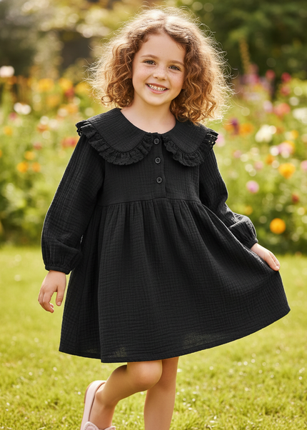Musselin Kleid Maedchen Schwarz - Waldmotiv Print - Ansicht 1