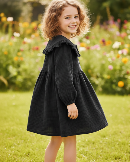 Musselin Kleid Maedchen Schwarz - Waldmotiv Print - Ansicht 2