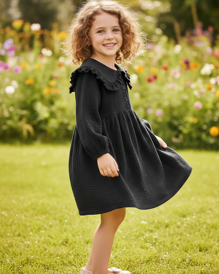 Musselin Kleid Maedchen Schwarz - Waldmotiv Print - Ansicht 3