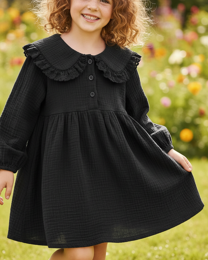 Musselin Kleid Maedchen Schwarz - Waldmotiv Print - Ansicht 4
