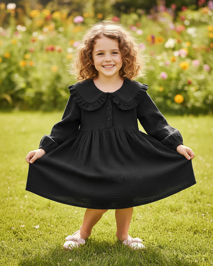 Musselin Kleid Maedchen Schwarz - Waldmotiv Print - Ansicht 5