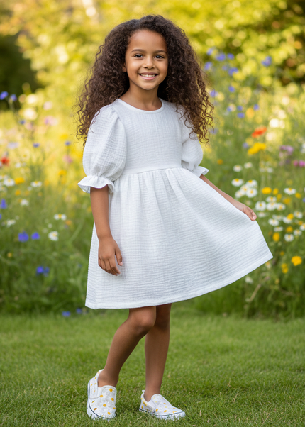 Musselin Kleid Mädchen Weiß - Laternenarm 1T-6T - Ansicht 1