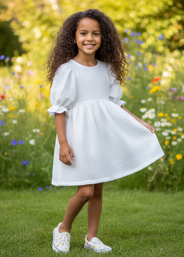 Musselin Kleid Mädchen Weiß - Laternenarm 1T-6T - Ansicht 1