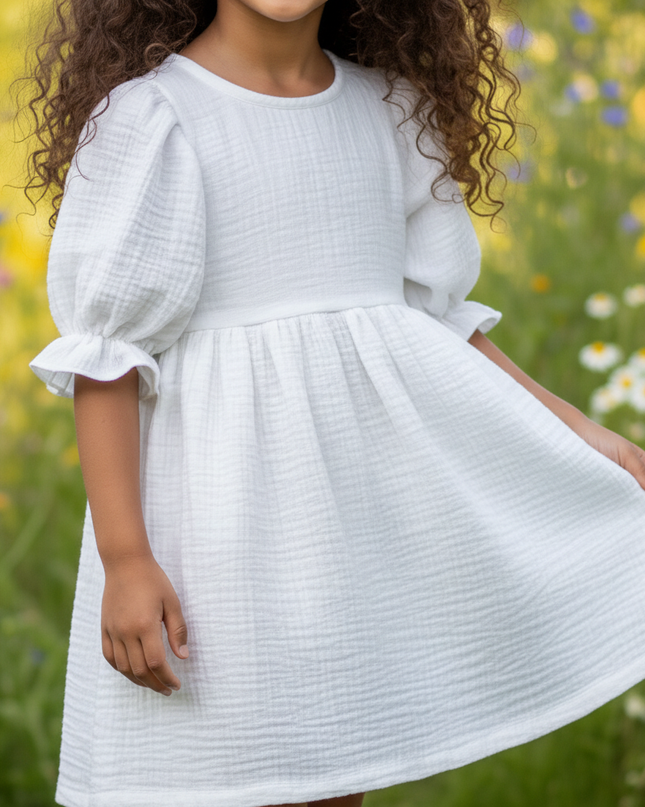 Musselin Kleid Mädchen Weiß - Laternenarm 1T-6T - Ansicht 4