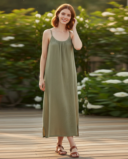 Musselin Kleid Midi Grün - Spaghettitrager Damen - Ansicht 1