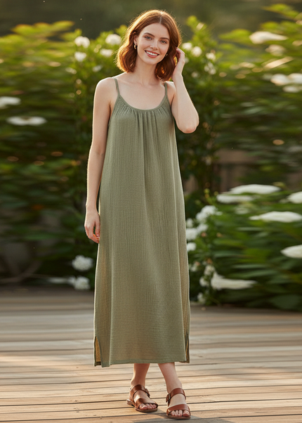 Musselin Kleid Midi Grün - Spaghettitrager Damen - Ansicht 1